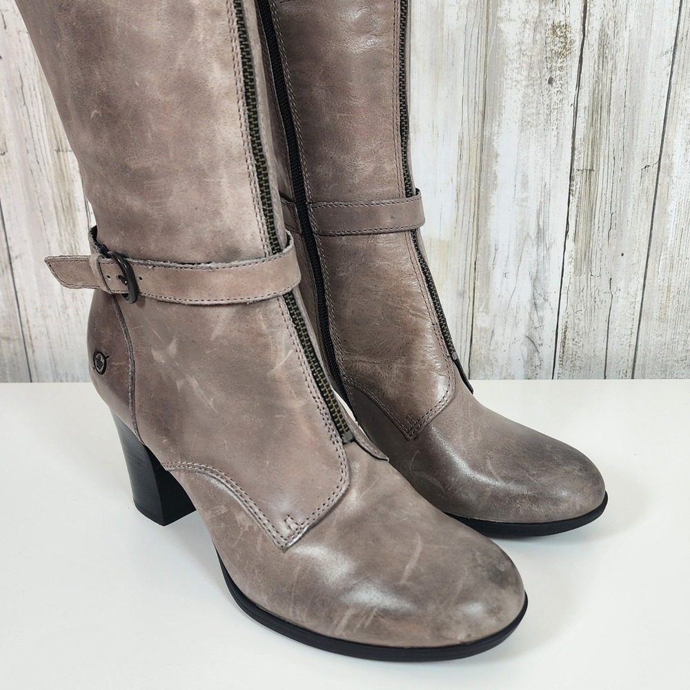 Born BOC Gemini Tall Distressed Leather Boots Sz 8.5 Gray Zip Buckle High Heel - Picture 10 of 16